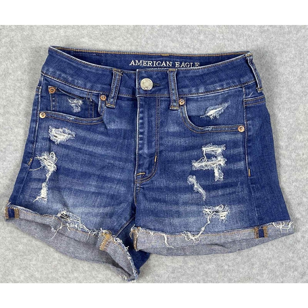 American Eagle Shorts Women's 2 Blue Destroyed Denim Hi Rise Shortie